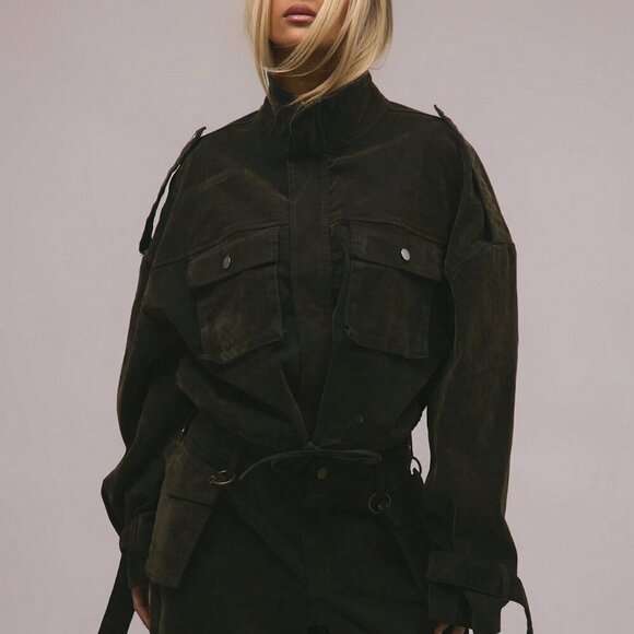 Jackets & Blazers - Army Green Casual Women's Velvet Denim Drawstring Cargo Jacket